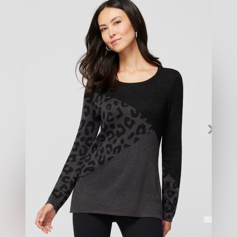 Chico’s Dark Cheetah Colorblock Sweater Size 3 Scoop Neck Long Sleeve Color BLK